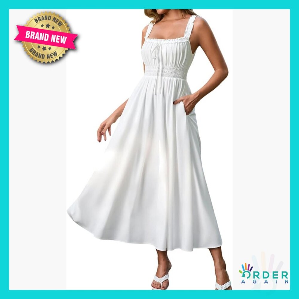 Boho Floral Midi Dress Lace Up Square Neck Sleeveless Summer Sundress With